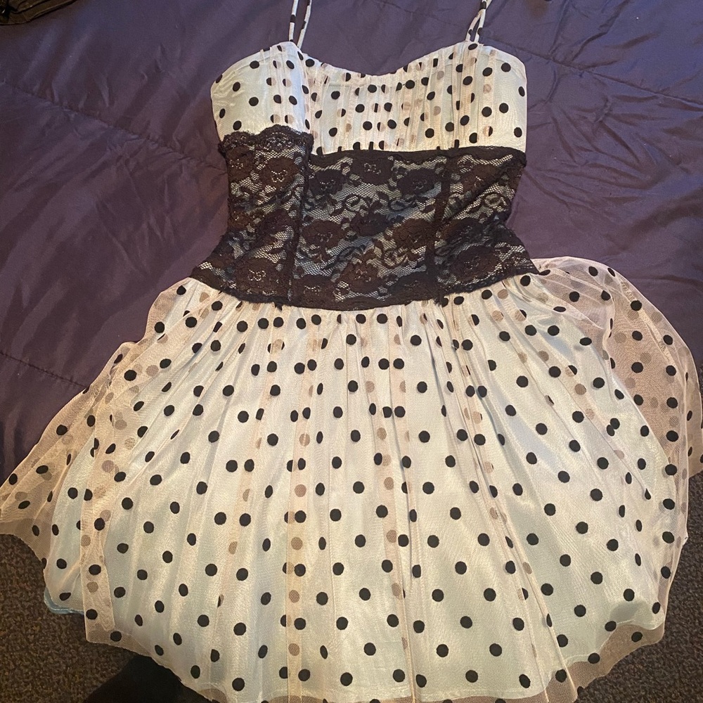 Deb, baby blue and black polka dot dress, size small